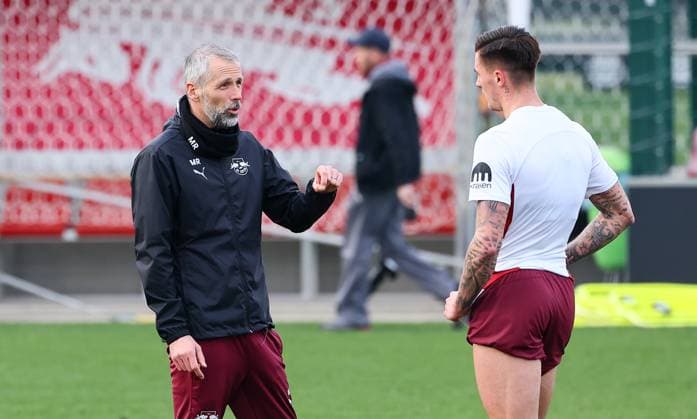 RB Leipzig - Training Bundesliga Leipzig, 11.03.2025, RBL Trainingszentrum, Fußball Bundesliga , RB LEIPZIG Training , Im Bild: Trainer Marco Rose (RB Leipzig) und Benjamin Sesko (30, RB Leipzig) , Nur zur redaktionellen Nutzung. Only editorial use. ,