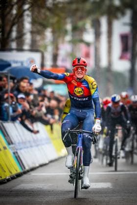 Danish Mads Pedersen of Lidl-Trek celebrates as he crosses the finish line to win stage six of the 83th edition of the Paris-Nice cycling race, 209,8 km from Saint-Julien-en-Saint-Alban to Berre l Etang, France, Friday 14 March 2025. DAVIDxPINTENS  x114939363x