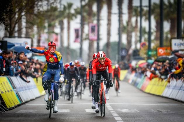 Danish Mads Pedersen of Lidl-Trek celebrates as he crosses the finish line to win stage six of the 83th edition of the Paris-Nice cycling race, 209,8 km from Saint-Julien-en-Saint-Alban to Berre l Etang, France, Friday 14 March 2025. DAVIDxPINTENS  x114939385x