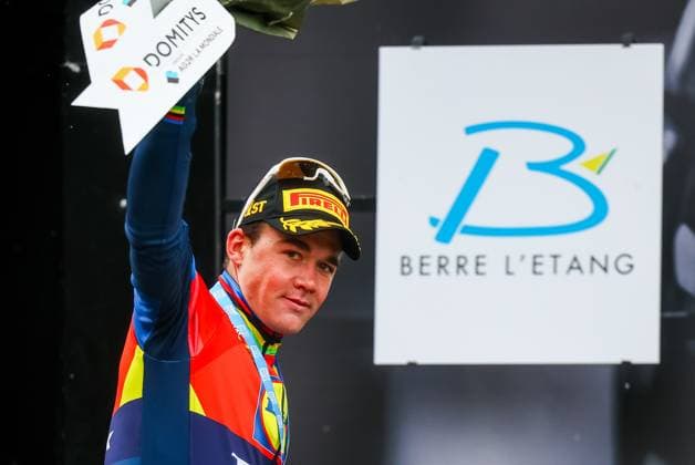 Danish Mads Pedersen of Lidl-Trek celebrates on the podium after winning stage six of the 83th edition of the Paris-Nice cycling race, 209,8 km from Saint-Julien-en-Saint-Alban to Berre l Etang, France, Friday 14 March 2025. DAVIDxPINTENS  x114941483x