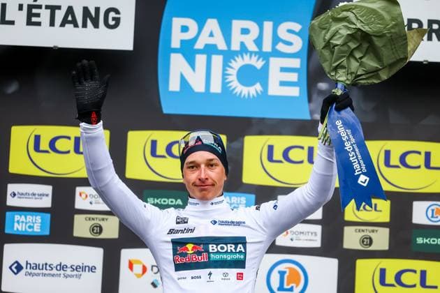 German Florian Lipowitz of RedBull-BORA-hansgrohe pictured on the podium after stage six of the 83th edition of the Paris-Nice cycling race, 209,8 km from Saint-Julien-en-Saint-Alban to Berre l Etang, France, Friday 14 March 2025. DAVIDxPINTENS  x114942886x