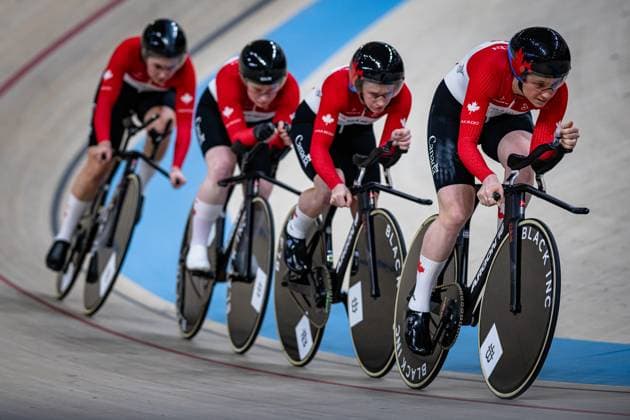 Canada: UCI Track cycling, Rad, Radsport, Bahnrad, Bahn Nations Cup Konya 2025 BONHOMME Ariane - MAJENDIE Fiona - BARRACLOUGH Ngaire - PLANTE Lily ( CAN ) Canada Querformat - quer - horizontal - Landscape - Event Veranstaltung: UCI Track Cycling Nations Cup 2025 - Category Kategorie: Cycling - Track Cycling Nations Cup - Elite Women - Location Ort: Asia - Turkey - Konya - Velodrom Konya - Discipline: Team Pursuit - Distance: 4000 m - Date Datum: 14.03.2025 Friday Day 1 -