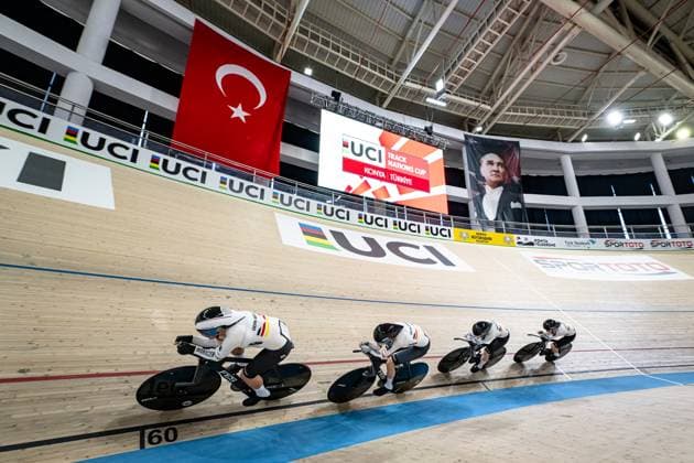 Germany: UCI Track cycling, Rad, Radsport, Bahnrad, Bahn Nations Cup Konya 2025 BRÄUTIGAM Messane - BRAUßE Franziska - KLEIN Lisa - SÜßEMILCH Laura ( GER ) Germany Querformat - quer - horizontal - Landscape - Event Veranstaltung: UCI Track Cycling Nations Cup 2025 - Category Kategorie: Cycling - Track Cycling Nations Cup - Elite Women - Location Ort: Asia - Turkey - Konya - Velodrom Konya - Discipline: Team Pursuit - Distance: 4000 m - Date Datum: 14.03.2025 Friday Day 1 -