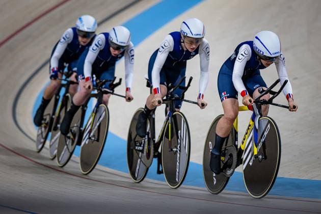 France: UCI Track cycling, Rad, Radsport, Bahnrad, Bahn Nations Cup Konya 2025 DUPIN Melanie - PERNOLLET Aurore - DEMAY Violette - CABOT Elina ( FRA ) France Querformat - quer - horizontal - Landscape - Event Veranstaltung: UCI Track Cycling Nations Cup 2025 - Category Kategorie: Cycling - Track Cycling Nations Cup - Elite Women - Location Ort: Asia - Turkey - Konya - Velodrom Konya - Discipline: Team Pursuit - Distance: 4000 m - Date Datum: 14.03.2025 Friday Day 1 -