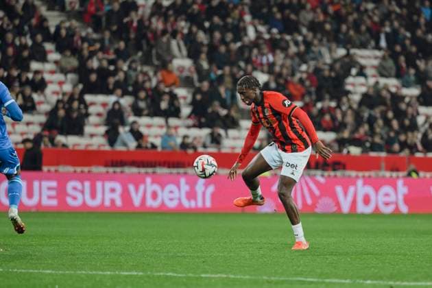 FOOTBALL : OGC Nice vs AJ Auxerre - ligue 1 - 14 3 25 Nice™s defender 64 Moise Bombito during the during the French L1 football match between OGC Nice and AJ Auxerre at Allianz Riviera Stadium of Nice, south France, on March 14, 2025. NICEFrance  Copyright: xfredxDIDES psnewzx