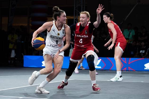 Germany Vs Canada in Bangkok, Thailand - 14 Mar 2025 Luisa Marie Nufer 8 of Germany and Kacie Bosch 4 of Canada seen in action during the women s FIBA Basketball 3x3 Champions Cup 2025 match between Germany and Canada at Central World. Final score; Germany 10 : 14 Canada. Bangkok Thailand Copyright: xPeeraponxBoonyakiatx xSOPAxImagesx FIBA3x3W-14