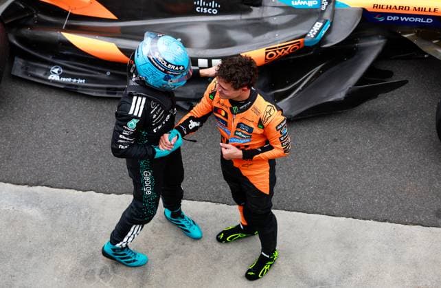 63 George Russell (GBR, Mercedes-AMG Petronas F1 Team), 4 Lando Norris (GBR, McLaren F1 Team), F1 Grand Prix of Australia at Albert Park Grand Prix Circuit on March 15, 2025 in Melbourne, Australia. (Photo by HOCH ZWEI) Melbourne Australia