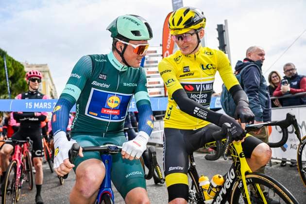 Paris - Nice 2025 - stage 7 AURON, FRANCE - MARCH 15 : Pedersen Mads (DEN) of Lidl - Trek and Jorgenson Matteo (USA) of Team Visma Lease A Bike at the start line during stage 7 of the 83th edition of the Paris - Nice cycling race, a stage of 109,3km with start in Nice and finish at Auron on March 15, 2025 in Auron, France, 15 03 2025 ( Motordriver Kenny Verfaillie - Auron France  Copyright: xNicoxVereeckenx