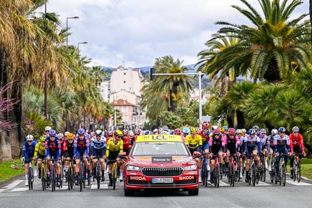 Paris - Nice 2025 - stage 7 AURON, FRANCE - MARCH 15 : Illustration picture of the start of the race during stage 7 of the 83th edition of the Paris - Nice cycling race, a stage of 109,3km with start in Nice and finish at Auron on March 15, 2025 in Auron, France, 15 03 2025 ( Motordriver Kenny Verfaillie - Auron France  Copyright: xNicoxVereeckenx