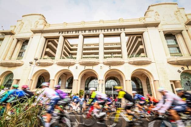 The pack of riders pictured at the start of stage seven of the 83th edition of the Paris-Nice cycling race, 147,8 km from Nice to Auron, France, Saturday 15 March 2025. DAVIDxPINTENS  x114997704x