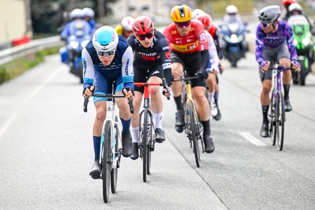 Paris - Nice 2025 - stage 7 AURON, FRANCE - MARCH 15 : Wright Fred (GBR) of Bahrain - Victorious in the escape pack during stage 7 of the 83th edition of the Paris - Nice cycling race, a stage of 109,3km with start in Nice and finish at Auron on March 15, 2025 in Auron, France, 15 03 2025 ( Motordriver Kenny Verfaillie - Auron France  Copyright: xNicoxVereeckenx