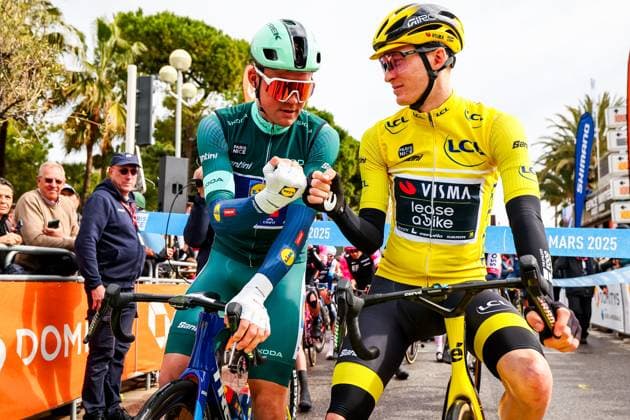 Danish Mads Pedersen of Lidl-Trek and American Matteo Jorgenson of Team Visma-Lease a Bike pictured at the start of stage seven of the 83th edition of the Paris-Nice cycling race, 147,8 km from Nice to Auron, France, Saturday 15 March 2025. DAVIDxPINTENS  x114997799x