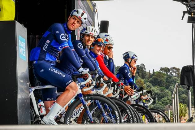 Groupama-FDJ riders pictured at the start of stage seven of the 83th edition of the Paris-Nice cycling race, 147,8 km from Nice to Auron, France, Saturday 15 March 2025. DAVIDxPINTENS  x114998220x