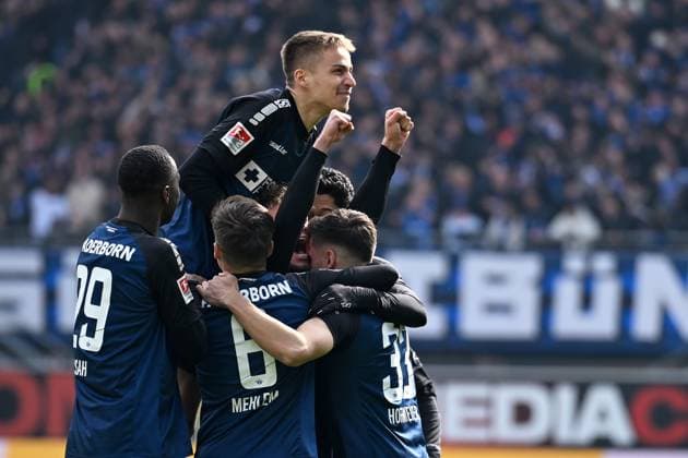 Sport Bilder des Tages Paderborn, Home Deluxe Arena, 15.03.25, GER, Herren, 2.Bundesliga, Saison 2024-2025, SC Paderborn 07 - 1.FC Kaiserslautern Bild: Aaron ZEHNTER (Paderborn) jubelt nach seinem Tor zum 1:0 Only for editorial use! DFL regulations prohibit any use of photographs as image sequences and or quasi-video. NRW Deutschland