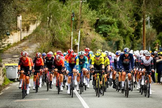 The pack of riders pictured in action during stage seven of the 83th edition of the Paris-Nice cycling race, 147,8 km from Nice to Auron, France, Saturday 15 March 2025. DAVIDxPINTENS  x114998544x