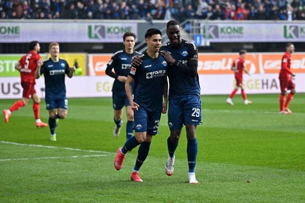 Paderborn, Home Deluxe Arena, 15.03.25, GER, Herren, 2.Bundesliga, Saison 2024-2025, SC Paderborn 07 - 1.FC Kaiserslautern Bild: Raphael OBERMAIR (Paderborn) jubelt nach seinem Tor zum 2:0 Only for editorial use! DFL regulations prohibit any use of photographs as image sequences and or quasi-video. NRW Deutschland