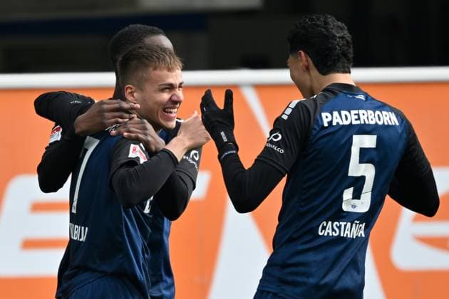 Paderborn, Home Deluxe Arena, 15.03.25, GER, Herren, 2.Bundesliga, Saison 2024-2025, SC Paderborn 07 - 1.FC Kaiserslautern Bild: Filip BILBIJA (Paderborn) jubelt nach seinem Tor zum 3:0 Only for editorial use! DFL regulations prohibit any use of photographs as image sequences and or quasi-video. NRW Deutschland