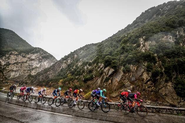 The breakaway group pictured during stage seven of the 83th edition of the Paris-Nice cycling race, 147,8 km from Nice to Auron, France, Saturday 15 March 2025. DAVIDxPINTENS  x115000454x