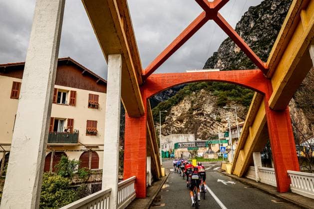 The pack of riders pictured in action during stage seven of the 83th edition of the Paris-Nice cycling race, 147,8 km from Nice to Auron, France, Saturday 15 March 2025. DAVIDxPINTENS  x115000484x