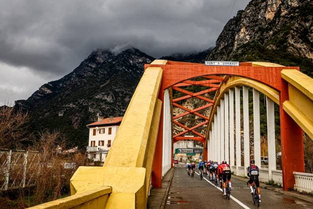 The pack of riders pictured in action during stage seven of the 83th edition of the Paris-Nice cycling race, 147,8 km from Nice to Auron, France, Saturday 15 March 2025. DAVIDxPINTENS  x115000503x