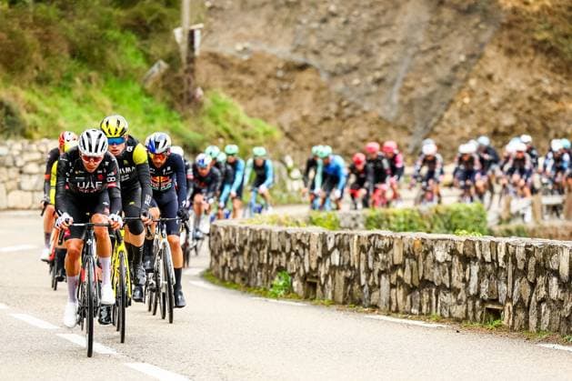The pack of riders pictured in action during stage seven of the 83th edition of the Paris-Nice cycling race, 147,8 km from Nice to Auron, France, Saturday 15 March 2025. DAVIDxPINTENS  x115000897x