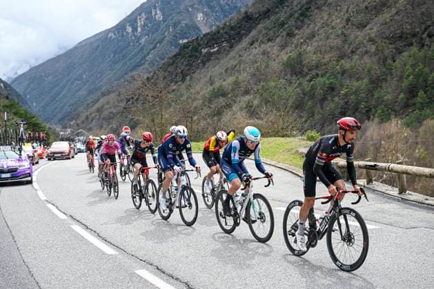 Paris - Nice 2025 - stage 7 AURON, FRANCE - MARCH 15 : Kung Stefan (SUI) of Groupama - Fdj, Wright Fred (GBR) of Bahrain - Victorious, Alaphilippe Julian (FRA) of Tudor Pro Cycling Team in the escape pack during stage 7 of the 83th edition of the Paris - Nice cycling race, a stage of 109,3km with start in Nice and finish at Auron on March 15, 2025 in Auron, France, 15 03 2025 ( Motordriver Kenny Verfaillie - Auron France  Copyright: xNicoxVereeckenx