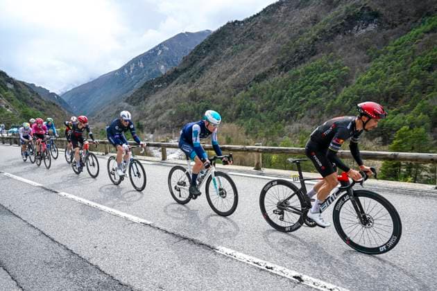 Paris - Nice 2025 - stage 7 AURON, FRANCE - MARCH 15 : Wright Fred (GBR) of Bahrain - Victorious, Alaphilippe Julian (FRA) of Tudor Pro Cycling Team in the escape pack during stage 7 of the 83th edition of the Paris - Nice cycling race, a stage of 109,3km with start in Nice and finish at Auron on March 15, 2025 in Auron, France, 15 03 2025 ( Motordriver Kenny Verfaillie - Auron France  Copyright: xNicoxVereeckenx