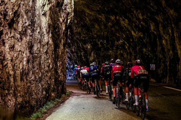 The breakaway group pictured during stage seven of the 83th edition of the Paris-Nice cycling race, 147,8 km from Nice to Auron, France, Saturday 15 March 2025. DAVIDxPINTENS  x115001907x