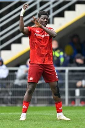 Paderborn, Home Deluxe Arena, 15.03.25, GER, Herren, 2.Bundesliga, Saison 2024-2025, SC Paderborn 07 - 1.FC Kaiserslautern Bild: Ragnar ACHE (Kaiserslautern) jubelt nach seinem Tor zum 3:3 Only for editorial use! DFL regulations prohibit any use of photographs as image sequences and or quasi-video. NRW Deutschland