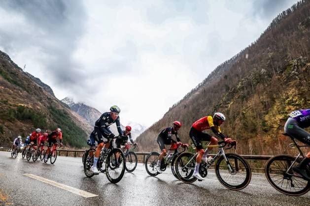 The breakaway group pictured during pictured in action during stage seven of the 83th edition of the Paris-Nice cycling race, 147,8 km from Nice to Auron, France, Saturday 15 March 2025. DAVIDxPINTENS  x115003369x