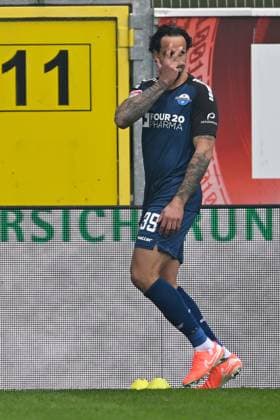 Paderborn, Home Deluxe Arena, 15.03.25, GER, Herren, 2.Bundesliga, Saison 2024-2025, SC Paderborn 07 - 1.FC Kaiserslautern Bild: Adriano GRIMALDI (Paderborn) jubelt nach seinem Tor zum 4:3 Only for editorial use! DFL regulations prohibit any use of photographs as image sequences and or quasi-video. NRW Deutschland