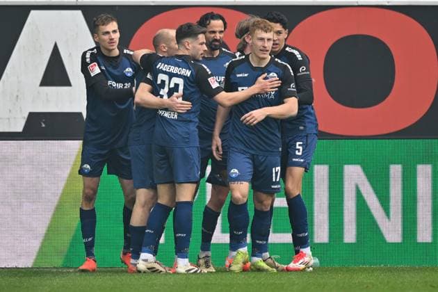 Paderborn, Home Deluxe Arena, 15.03.25, GER, Herren, 2.Bundesliga, Saison 2024-2025, SC Paderborn 07 - 1.FC Kaiserslautern Bild: Adriano GRIMALDI (Paderborn) jubelt nach seinem Tor zum 4:3 Only for editorial use! DFL regulations prohibit any use of photographs as image sequences and or quasi-video. NRW Deutschland
