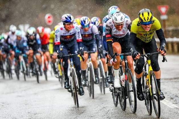 German Nils Politt of UAE Team Emirates and Italian Edoardo Affini of Team Visma-Lease a Bike pictured in action during stage seven of the 83th edition of the Paris-Nice cycling race, 147,8 km from Nice to Auron, France, Saturday 15 March 2025. DAVIDxPINTENS  x115004336x
