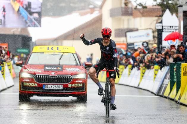 Australian Michael Storer of Tudor Pro Cycling Team celebrates as he crosses the finish line to win stage seven of the 83th edition of the Paris-Nice cycling race, 147,8 km from Nice to Auron, France, Saturday 15 March 2025. DAVIDxPINTENS  x115005418x