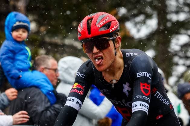 Australian Michael Storer of Tudor Pro Cycling Team celebrates as he crosses the finish line to win stage seven of the 83th edition of the Paris-Nice cycling race, 147,8 km from Nice to Auron, France, Saturday 15 March 2025. DAVIDxPINTENS  x115005420x