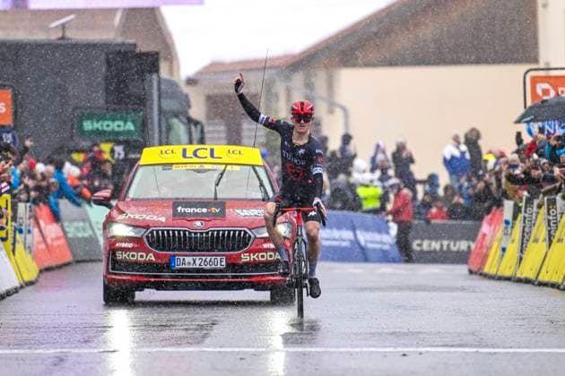 Paris - Nice 2025 - stage 7 AURON, FRANCE - MARCH 15 : Storer Michael (AUS) of Tudor Pro Cycling Team celebrating his victory during stage 7 of the 83th edition of the Paris - Nice cycling race, a stage of 109,3km with start in Nice and finish at Auron on March 15, 2025 in Auron, France, 15 03 2025 ( Motordriver Kenny Verfaillie - Auron France  Copyright: xNicoxVereeckenx