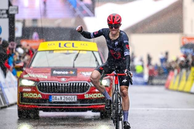 Paris - Nice 2025 - stage 7 AURON, FRANCE - MARCH 15 : Storer Michael (AUS) of Tudor Pro Cycling Team celebrating his victory during stage 7 of the 83th edition of the Paris - Nice cycling race, a stage of 109,3km with start in Nice and finish at Auron on March 15, 2025 in Auron, France, 15 03 2025 ( Motordriver Kenny Verfaillie - Auron France  Copyright: xNicoxVereeckenx
