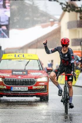 Australian Michael Storer of Tudor Pro Cycling Team crosses the finish line to win stage seven of the 83th edition of the Paris-Nice cycling race, 147,8 km from Nice to Auron, France, Saturday 15 March 2025. DAVIDxPINTENS  x115006914x