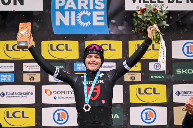 Sport Bilder des Tages Paris - Nice 2025 - stage 7 AURON, FRANCE - MARCH 15 : Storer Michael (AUS) of Tudor Pro Cycling Team on the podium during stage 7 of the 83th edition of the Paris - Nice cycling race, a stage of 109,3km with start in Nice and finish at Auron on March 15, 2025 in Auron, France, 15 03 2025 ( Motordriver Kenny Verfaillie - Auron France  Copyright: xNicoxVereeckenx