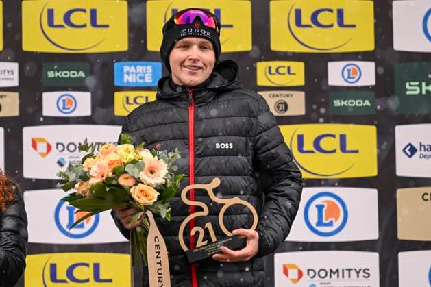 Paris - Nice 2025 - stage 7 AURON, FRANCE - MARCH 15 : Storer Michael (AUS) of Tudor Pro Cycling Team on the podium most combative rider of the day during stage 7 of the 83th edition of the Paris - Nice cycling race, a stage of 109,3km with start in Nice and finish at Auron on March 15, 2025 in Auron, France, 15 03 2025 ( Motordriver Kenny Verfaillie - Auron France  Copyright: xNicoxVereeckenx