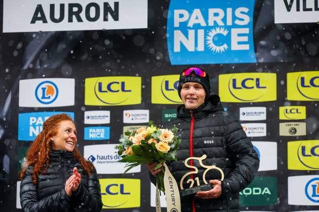 Australian Michael Storer of Tudor Pro Cycling Team celebrates on the podium after winning stage seven of the 83th edition of the Paris-Nice cycling race, 147,8 km from Nice to Auron, France, Saturday 15 March 2025. DAVIDxPINTENS  x115007138x