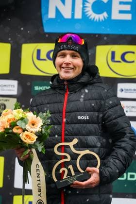 Australian Michael Storer of Tudor Pro Cycling Team celebrates on the podium after winning stage seven of the 83th edition of the Paris-Nice cycling race, 147,8 km from Nice to Auron, France, Saturday 15 March 2025. DAVIDxPINTENS  x115007140x