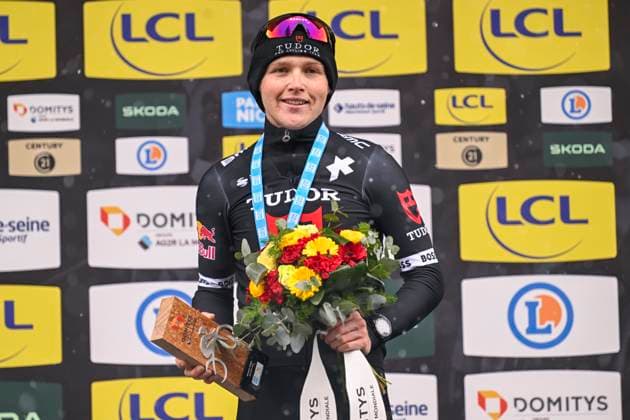 Paris - Nice 2025 - stage 7 AURON, FRANCE - MARCH 15 : Storer Michael (AUS) of Tudor Pro Cycling Team on the podium during stage 7 of the 83th edition of the Paris - Nice cycling race, a stage of 109,3km with start in Nice and finish at Auron on March 15, 2025 in Auron, France, 15 03 2025 ( Motordriver Kenny Verfaillie - Auron France  Copyright: xNicoxVereeckenx