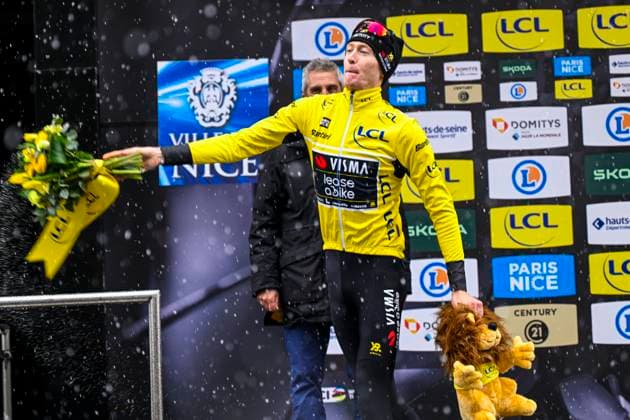 Paris - Nice 2025 - stage 7 AURON, FRANCE - MARCH 15 : Jorgenson Matteo (USA) of Team Visma Lease A Bike on the podium with the yellow jersey during stage 7 of the 83th edition of the Paris - Nice cycling race, a stage of 109,3km with start in Nice and finish at Auron on March 15, 2025 in Auron, France, 15 03 2025 ( Motordriver Kenny Verfaillie - Auron France  Copyright: xNicoxVereeckenx