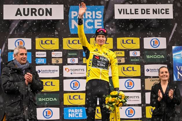 Paris - Nice 2025 - stage 7 AURON, FRANCE - MARCH 15 : Jorgenson Matteo (USA) of Team Visma Lease A Bike on the podium with the yellow jersey during stage 7 of the 83th edition of the Paris - Nice cycling race, a stage of 109,3km with start in Nice and finish at Auron on March 15, 2025 in Auron, France, 15 03 2025 ( Motordriver Kenny Verfaillie - Auron France  Copyright: xNicoxVereeckenx