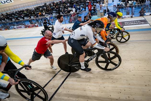 VILAR Lucas Oscar, LEDINGHAM-HORN Harry, SPIEGEL Luca, CHUGAY Andrey, VADAPALAS Eimantas, VAN LOON Tijmen: UCI Track cycling, Rad, Radsport, Bahnrad, Bahn Nations Cup Konya 2025 VILAR Lucas Oscar ( ARG ) - Argentina - LEDINGHAM-HORN Harry ( GBR ) - Great Britain - SPIEGEL Luca ( GER ) Germany - CHUGAY Andrey ( KAZ ) - Kazakhstan - VADAPALAS Eimantas (LTU ) - Lithuania - VAN LOON Tijmen ( NED ) Netherlands Querformat - quer - horizontal - Landscape - Event Veranstaltung: UCI Track Cycling Nations Cup 2025 - Category Kategorie: Cycling - Track Cycling Nations Cup - Elite Men - Location Ort: Asia - Turkey - Konya - Velodrom Konya - Discipline: Keirin - Distance: ... m - Date Datum: 15.03.2025 Saturday Day 2 -