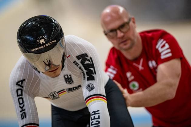SPIEGEL Luca, EIJDEN Jan: UCI Track cycling, Rad, Radsport, Bahnrad, Bahn Nations Cup Konya 2025 SPIEGEL Luca ( GER ) Germany VAN EIJDEN Jan ( GER ) - Coach - Querformat - quer - horizontal - Landscape - Event Veranstaltung: UCI Track Cycling Nations Cup 2025 - Category Kategorie: Cycling - Track Cycling Nations Cup - Elite Men - Location Ort: Asia - Turkey - Konya - Velodrom Konya - Discipline: Keirin - Distance: ... m - Date Datum: 15.03.2025 Saturday Day 2 -