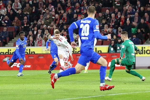 15.03.2025, xrekx, Fussball 2.Bundesliga, 1.FC Koeln - SV Darmstadt 98 v.l. Torschuss zum 1:0 durch Jan Thielmann (1.FC Koeln) (DFL DFB REGULATIONS PROHIBIT ANY USE OF PHOTOGRAPHS as IMAGE SEQUENCES and or QUASI-VIDEO) Koeln