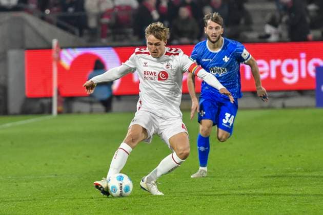 v. li. im Zweikampf Timo Hübers Huebers (Koeln 4) Kilian Corredor (Darmstadt 34) 15.03.2025 Fussball 1. FC Koeln vs SSV Darmstadt 98, Rheinenergiestadion, Koeln, DFB DFL REGULATIONS PROHIBIT ANY USE OF PHOTOGRAPHS AS IMAGE SEQUENCES AND OR QUASI-VIDEO