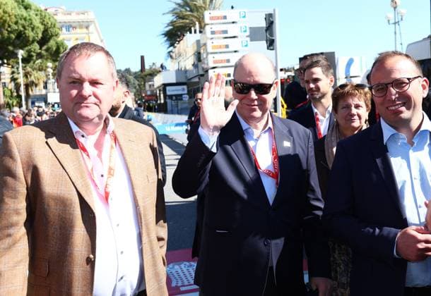 Prince Albert of Monaco pictured at the start of stage eight of the 83th edition of the Paris-Nice cycling race, 119,9 km from Nice to Nice, France, Sunday 16 March 2025. DAVIDxPINTENS  x115087868x